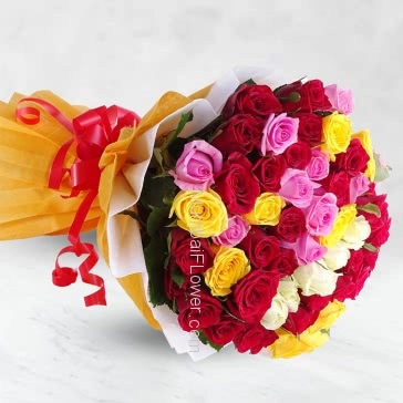 Hand Bouquet of 50 Mixed Color Roses nicely decorated with fillers and ribbons, with exclusive paper packing