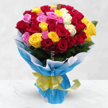 Awesome Hand tied bouquet of 75 mixed color roses nicely decorated with fillers and ribbons, packed with exclusive paper packing