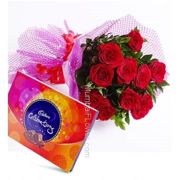 Bunch of 12 Red Roses and Box of Small Cadbury Celerbration Combo