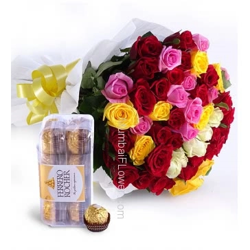 Combo of 50 Mixed Color Roses and 16pc Fererro Rocher Box nicely decorated with fillers and ribbons