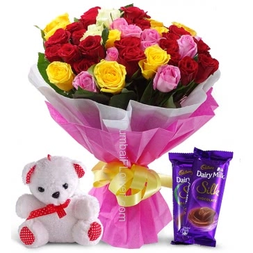 Bunch of 30 Mixed Color Roses nicely decorated with fillers and ribbons and paper packing, with 6 Inch Teddy and 2pc Cadbury Dairy Milk Silk of Rs. 60 each.