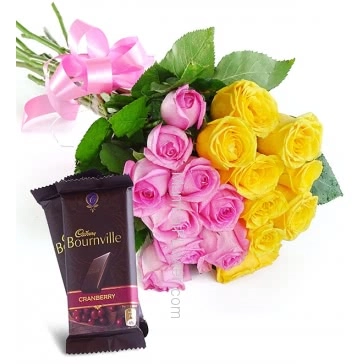 Bunch of 20 Mixed Pink and Yellow Roses nicely decorated with fillers ribbons and 2pc Bournville of Rs.80 each