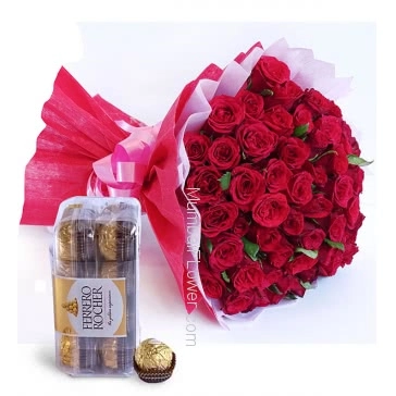 Bunch of 40 Red Roses nicely decorated with fillers and ribbons, nicely decorated with Box of 16pc Ferrero Rocher Chocolates