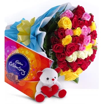Bouquet of 50 Mixed Roses nicely decorated with fillers Ribbons and Paper Packing, with Box of Cadbury Celebration and 6 Inch Teddy