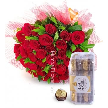 Hand Bunch of 30 Red Roses nicely decorated with fillers and ribbons and Box of 16pc Ferrero Rocher Chocolates