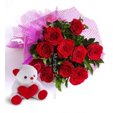 Beautiful Bunch of 10 Red Roses nicely decorated with fillers ribbons and 6 Inch Teddy