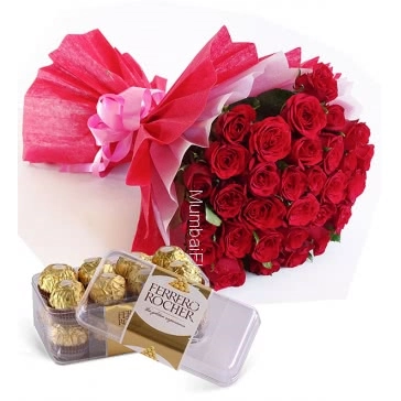 Bunch of 30 Red Rose nicely decorated with Paper Packing and Colored ribbons and 16 pc Fererro Rocher Box
