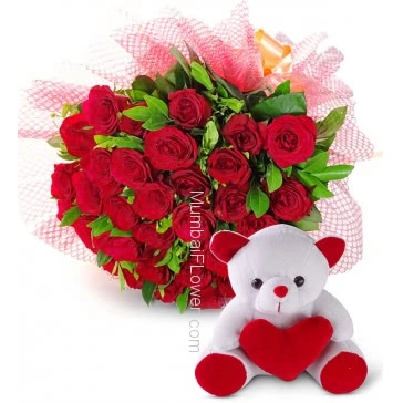 Romantic Bunch of 30 Red Roses nicely decorated with fillers and ribbons and Paper Packing with 6 Inch Teddy Bear