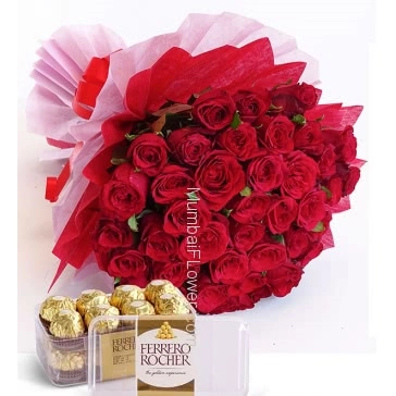 Beautiful Hand Bunch of 40 Red Roses nicely decorated with fillers and ribbons packed with Paper Packing and Box of 16pc Fererro Rocher Box.