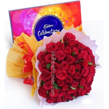 Bunch of 60 Red Roses nicely decorated with colored Paper Packing and ribbons and small Cad bury Celerbration Combo