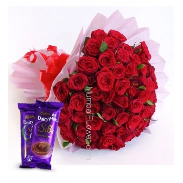 Bunch of 48 Red Roses nicely decorated with paper packing and 2 pc Cad Bury Dairy milk Silk 