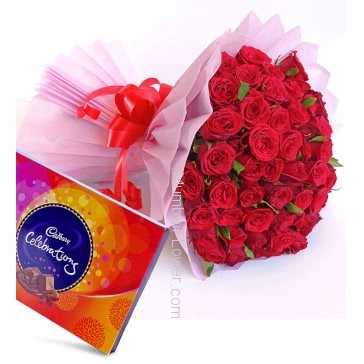 Bunch of 75 Red Roses with Pink paper Packing with ribbons and Big Cad bury Celerbration 