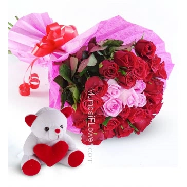 Bunch of 25 Red and Pink Roses with Paper packing and ribbons and 6 Inch Teddy 