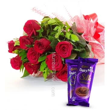 Bunch of 12 Red Roses with Plastic Cellophane packing and 2 pc Cadbury Dairy Milk Silk
