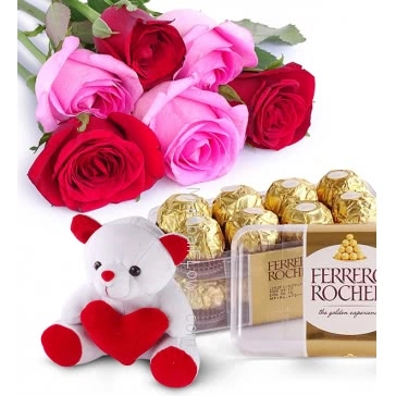 Bunch of 6 Red and Pink Roses with Plastic Cellophane packing and 16 pc Fererro Rocher Box and 6 Inch Teddy