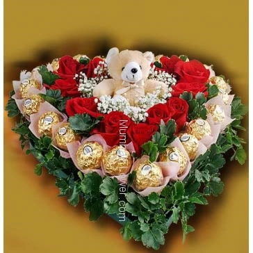 Heart Shape Chocolate Bouquet with Roses and 6 Inch Teddy Bear very attractive decorated with seasonal fillers and greens