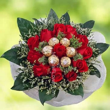 Round chocolate bouquet of 6pc Ferrero Rocher and 15 Red Roses nicely decorated with paper packing and ribbons