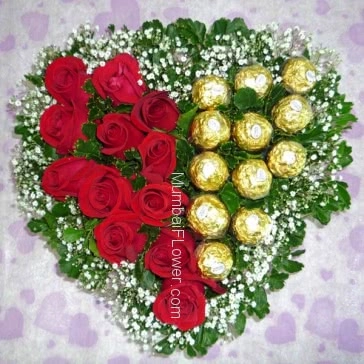 Chocorocher Heart with Ferrero Rocher Chocolates and Red Roses nicely decorated.  