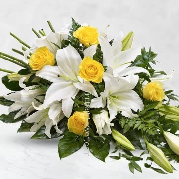 Basket Arrangement of 3 pc Asiatic White Lilies and 15 Yellow Roses nicely decorated with fillers and greens
