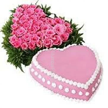 Heart Shape Arrangment of 50 Pink Color Roses and 1 Kg. Heart Shape Strawberry Cake.