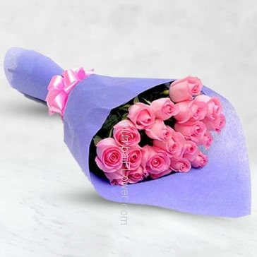 Hand Bouquet of 25 Pink Roses nicely decorated with ribbons and Color Paper Packing