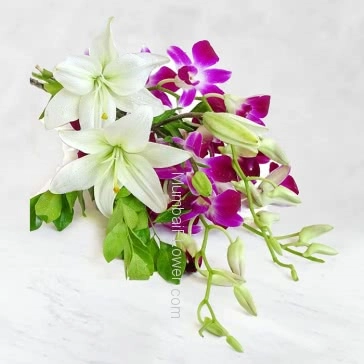Hand Bunch of 2 Stems of Asiatic White Lilies and 5pc Purple Orchids with fillers and ribbons and cellophane packing
