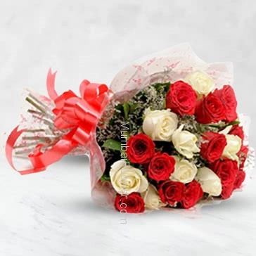 Hand Bunch of 20 Mixed Red and white Roses nicely decorated with fillers ribbons and plastic cellphone packing