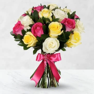 Hand Bunch 25 Beautiful Mixed Color Roses nicely decorated with fillers and ribbons