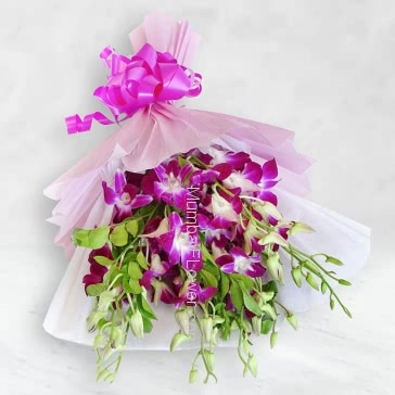 Hand Bouquet of 12 Stems of Orchids with fillers ribbons and Color Paper Packing
