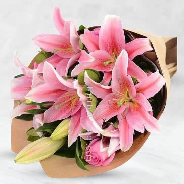 Hand Bunch of Flowers 5pc Asiatic Pink Lilies and 10 Pink Roses with fillers and ribbons and Color Paper Packing
