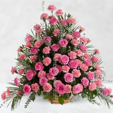Arrangement of 25 Pink Carnations and 25 Pink Roses nicely decorated with fillers and greens