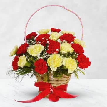 Basket of 30 Mixed Red and Yellow Carnations nicely decorated with fillers and greens
