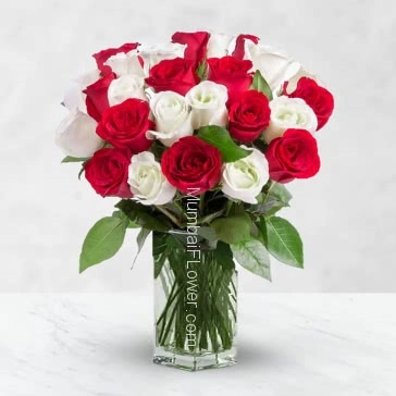 Glass Vase with 25 Red and white Roses nicely decorated with fillers and greens