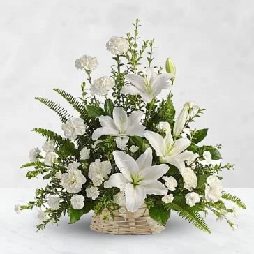 Arrangement of 3 pc Asiatic White Lilies and 20 White carnations with fillers and greens