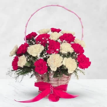 Basket of 25 Pink and White Carnation with fillers and greens