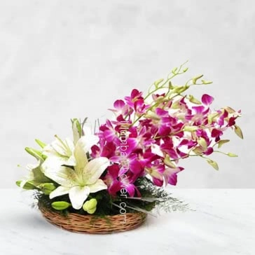 Arrangement of 5 Purple Orchids and 2 pc Asiatic White Lilies with fillers greens