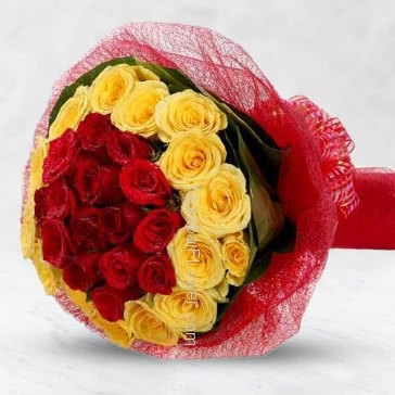 Hand Bunch of 40 mixed Red and Yellow Roses nicely decorated with fillers and ribbons with Color Paper Packing