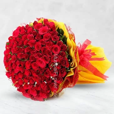 Hand Bunch of 150 Red Roses nicely decorated with fillers ribbons and Color Paper Packing