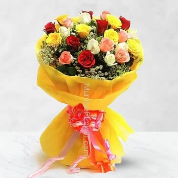 Hand Bouquet of 30 Mixed Roses nicely decorated with fillers ribbons and plastic cellophane packing