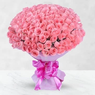 Hand Bouquet of 100 Pink Roses with fillers ribbons and Color Paper Packing