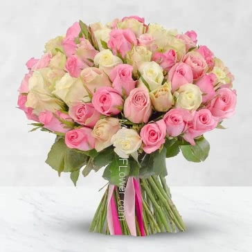 Hand Bouquet of 50 Pink and White Roses packed with color paper packing and ribbons