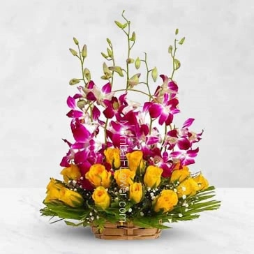 Beautiful Bouquet of 5 Purple Orchids and 20 Yellow Roses with fillers ribbons
