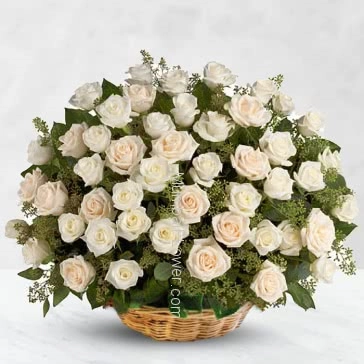 Basket of 75 White Roses nicely decorated with fillers and greens