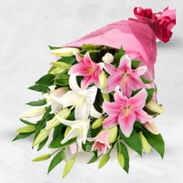 Hand Bouquet of Mixed 5 pc Asiatic Pink and White Lilies with fillers ribbons and Color Paper packing