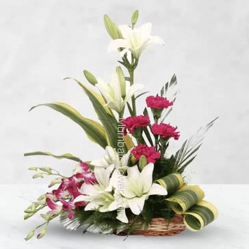 Bouquet Arrangement of 3 pc Asiatic White Lilies and 5 Carnations and 5 Purple Orchids with fillers greens