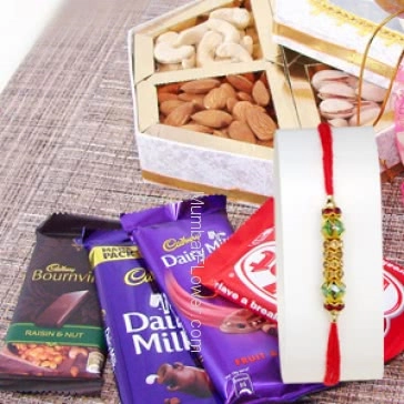 250gm. Mixed Dry Fruit and 4 PC Mixed Cadbury Chocolates with 1pc Rakhi. Please note : Rakhi Design / Basket / Boxes /  Container may be replaced in case of unavailability/out of stock.