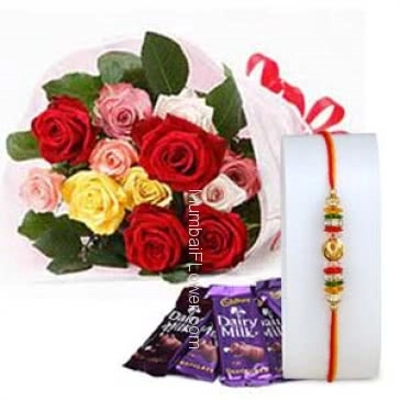Bunch of 12 Mixed Color Roses with Plastic Cellophane packing and 4pc Cadbury Dairy milk Chocolate 25.gm with 1pc Rakhi. Please note : Rakhi Design / Basket / Boxes /  Container may be replaced in case of unavailability/out of stock.