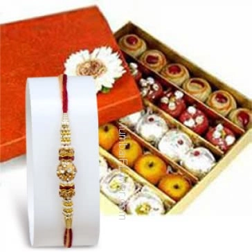 Box of Half kg. mixed mithai with 1pc Rakhi. Please note : Rakhi Design / Basket / Boxes /  Container may be replaced in case of unavailability/out of stock.