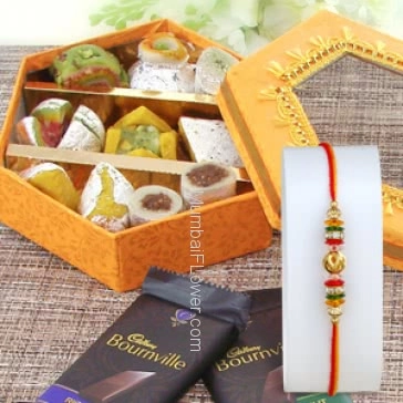 1pc Rakhi with 250 gms of Mixed Mithai and 2pc Bournville Chocolates 31gms.. Please note : Rakhi Design / Basket / Boxes /  Container may be replaced in case of unavailability/out of stock.