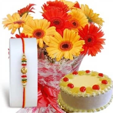 1pc Rakhi with Bunch of 10 Mixed Gerberas with Half Kg. Pineapple Cake. Please note : Rakhi Design / Basket / Boxes /  Container may be replaced in case of unavailability/out of stock.